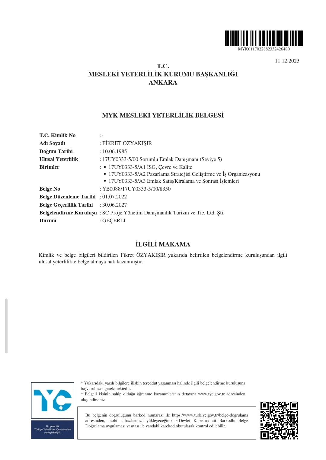 MYK Mesleki Yeterlilik Belgesi